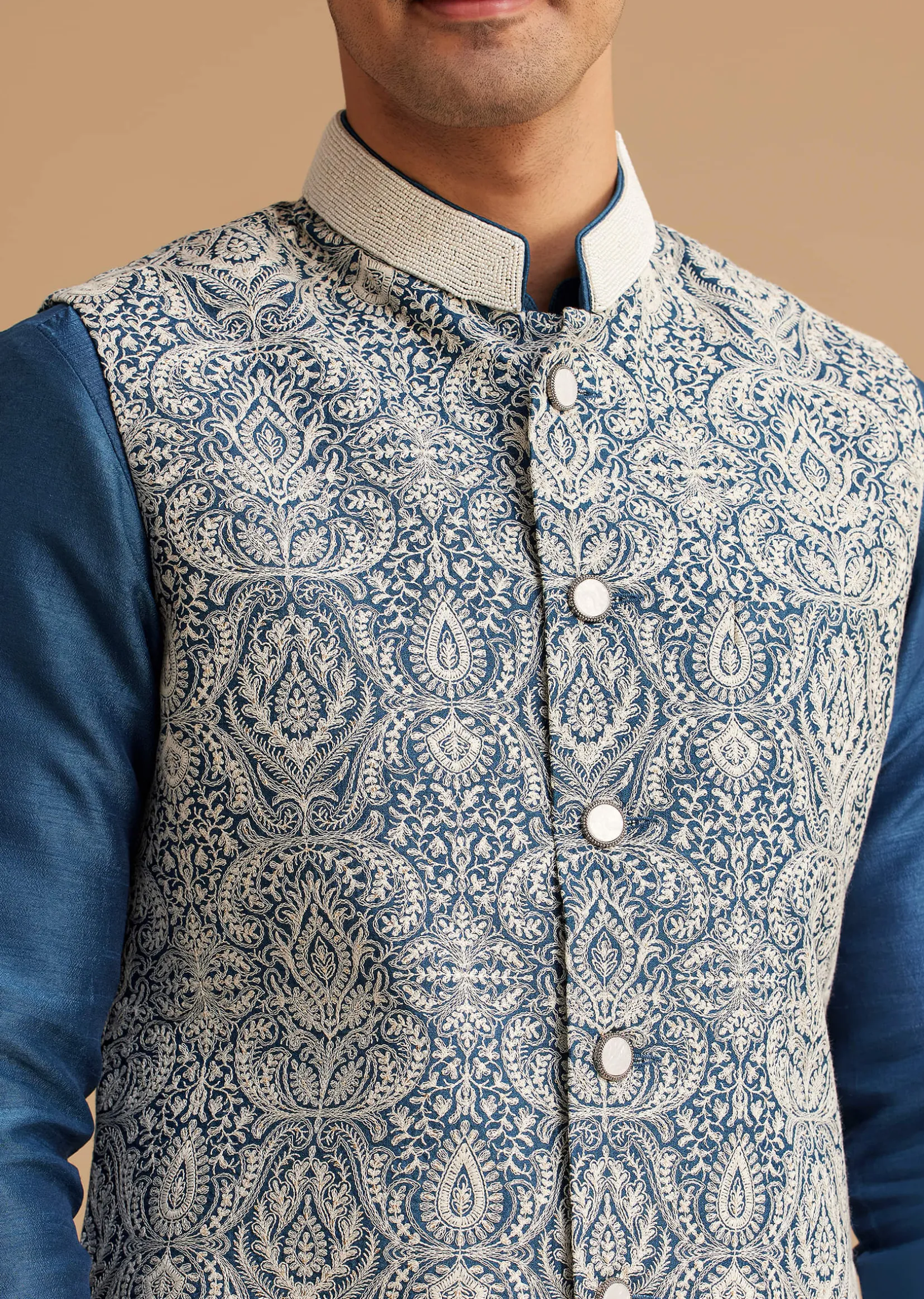 Blue Kurta Jacket Set With Resham Embroidery And Handworked Collar