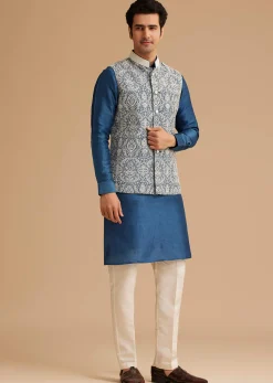 Blue Kurta Jacket Set With Resham Embroidery And Handworked Collar