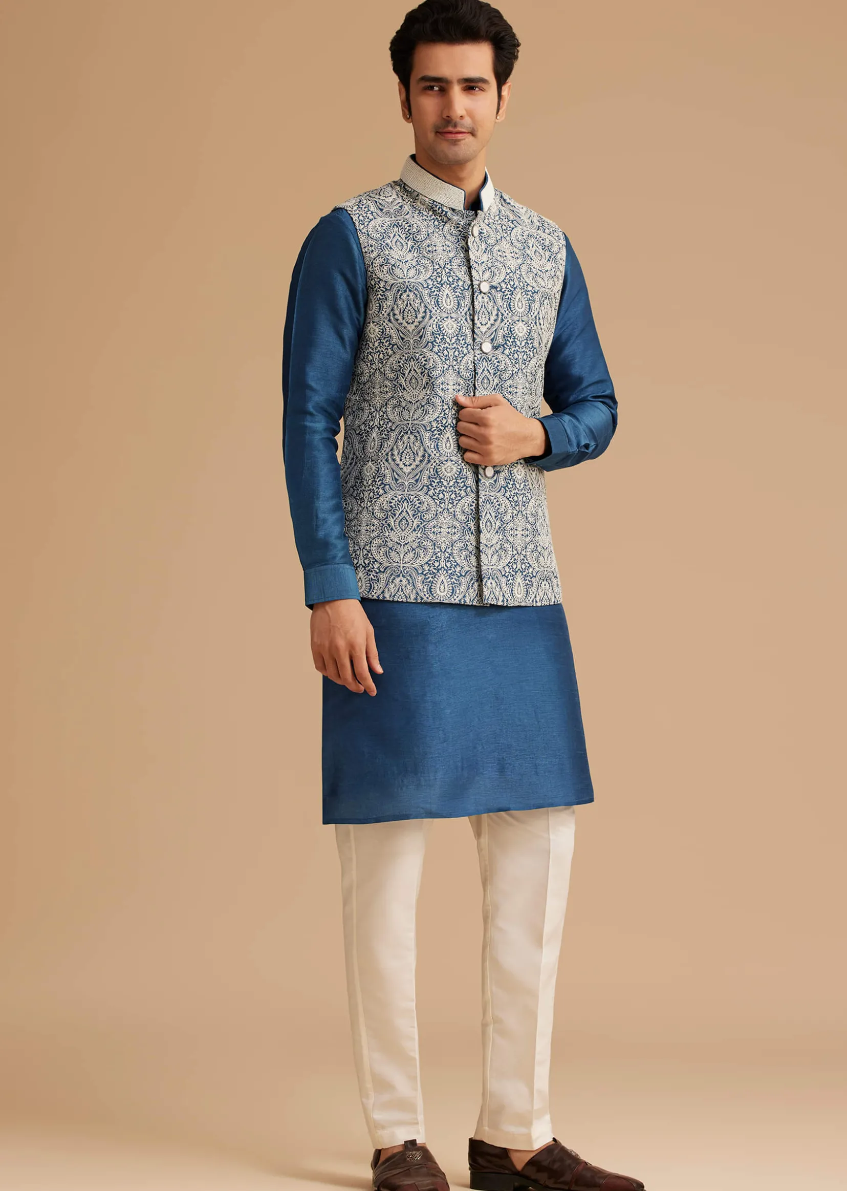 Blue Kurta Jacket Set With Resham Embroidery And Handworked Collar