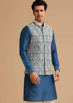 Blue Kurta Jacket Set With Resham Embroidery And Handworked Collar