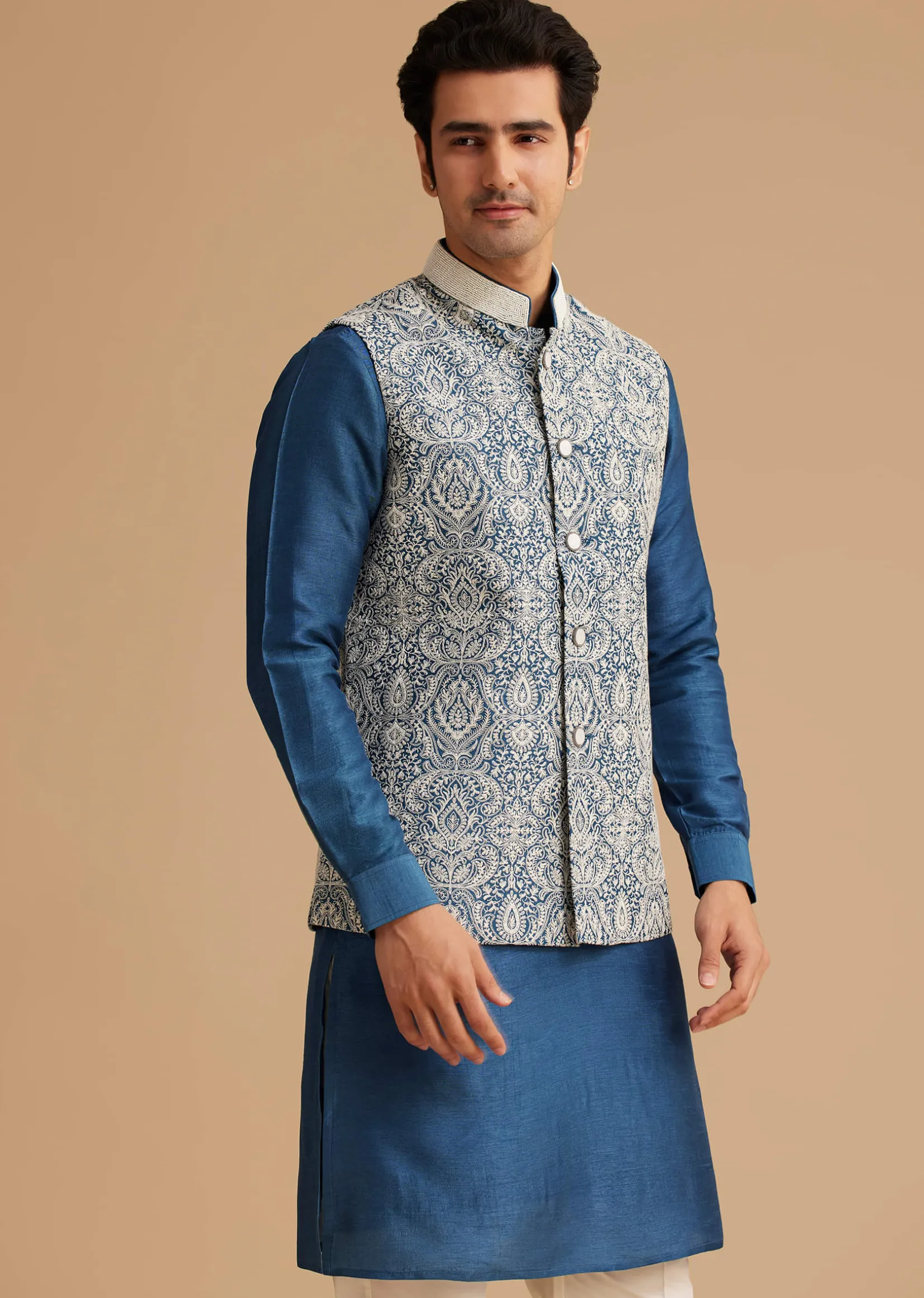Blue Kurta Jacket Set With Resham Embroidery And Handworked Collar