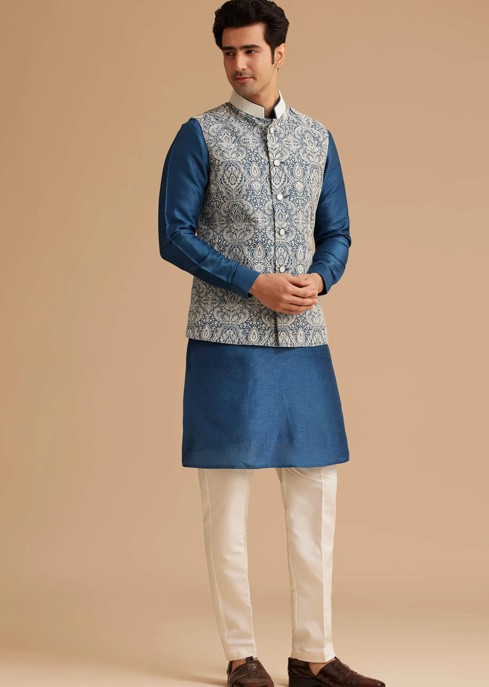 Blue Kurta Jacket Set With Resham Embroidery And Handworked Collar