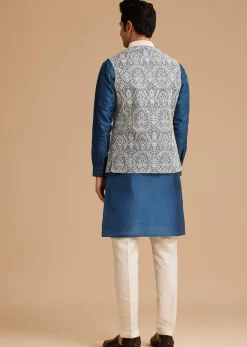 Blue Kurta Jacket Set With Resham Embroidery And Handworked Collar