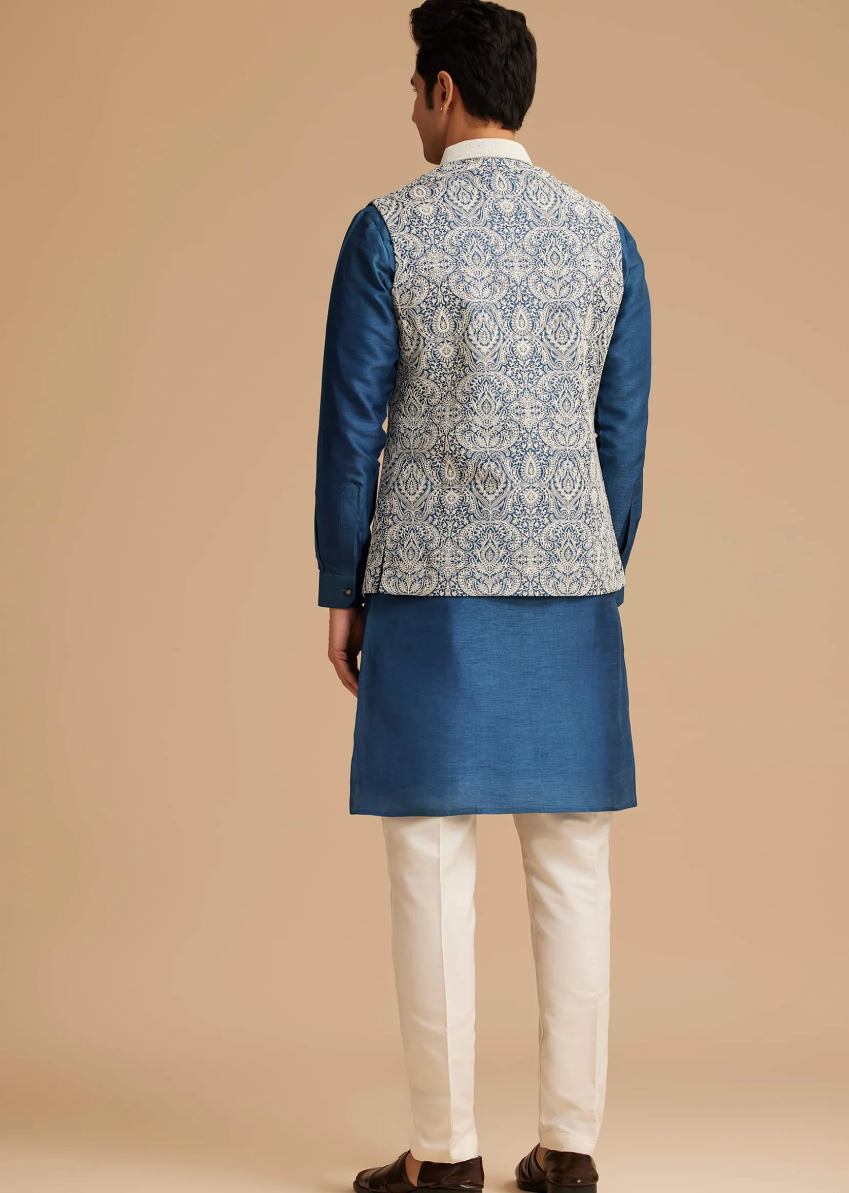 Blue Kurta Jacket Set With Resham Embroidery And Handworked Collar