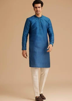 Blue Kurta Jacket Set With Resham Embroidery And Handworked Collar