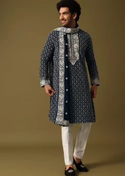 Blue Kurta Pant Set With Dupatta In Resham Work