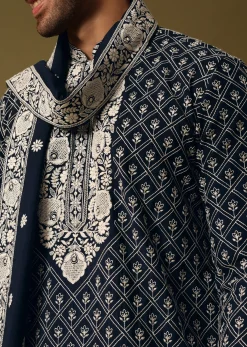 Blue Kurta Pant Set With Dupatta In Resham Work