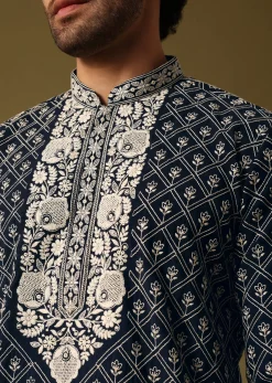 Blue Kurta Pant Set With Dupatta In Resham Work