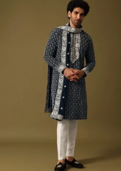 Blue Kurta Pant Set With Dupatta In Resham Work