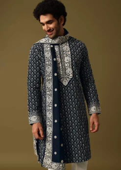 Blue Kurta Pant Set With Dupatta In Resham Work