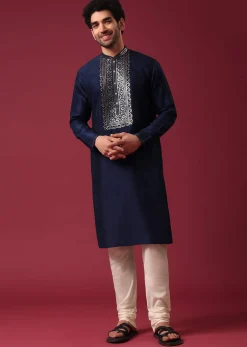 Blue Kurta Set In Silk with Leather Work