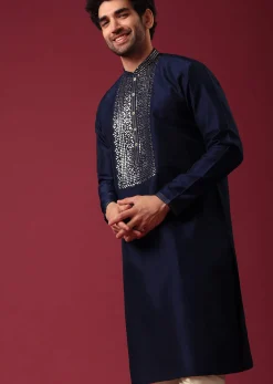 Blue Kurta Set In Silk with Leather Work