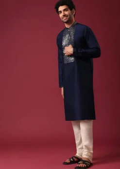 Blue Kurta Set In Silk with Leather Work