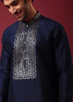 Blue Kurta Set In Silk with Leather Work