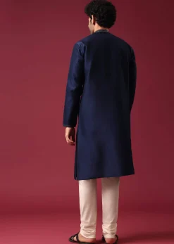 Blue Kurta Set In Silk with Leather Work