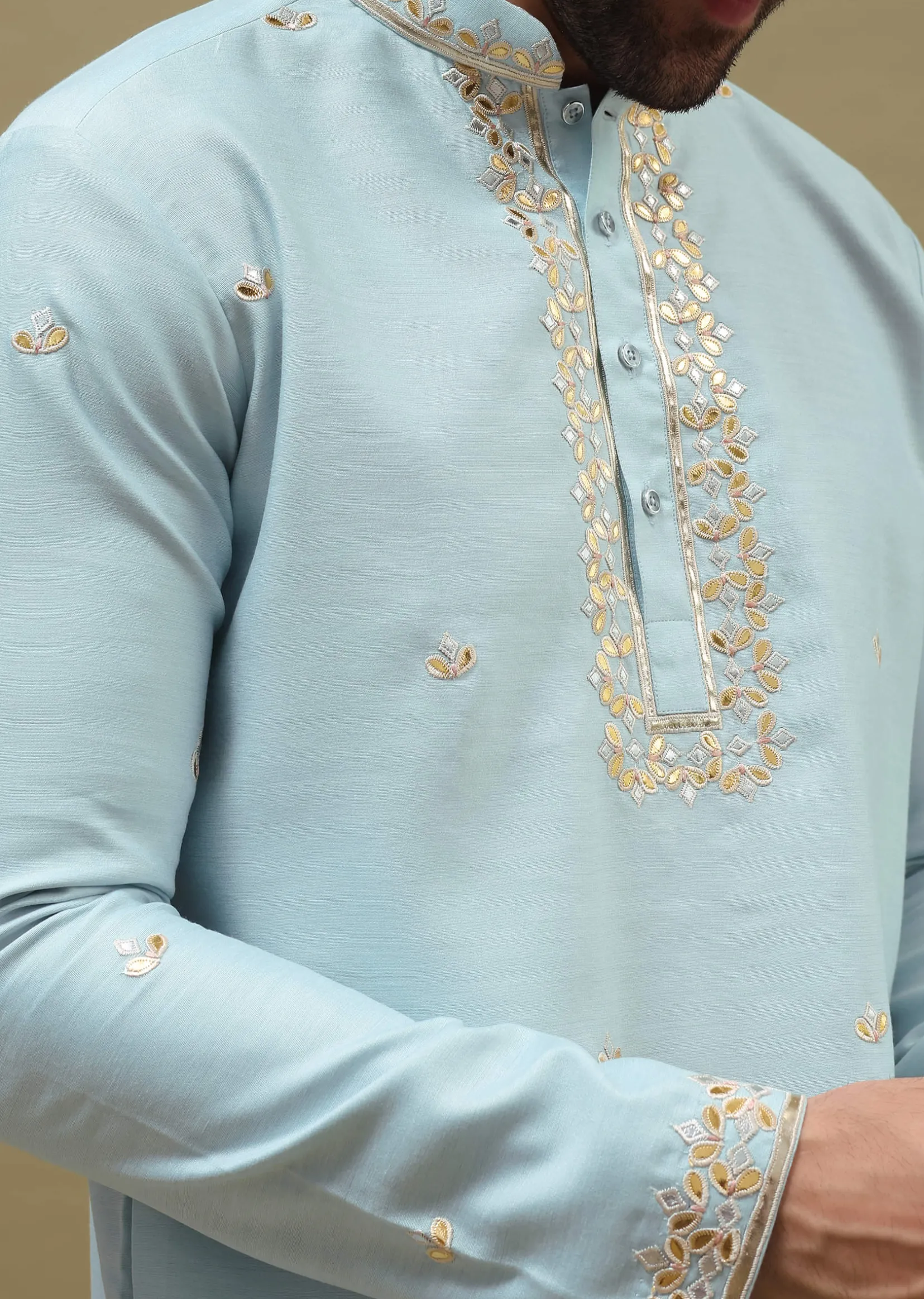 Blue Kurta Set With Abla Work For Men