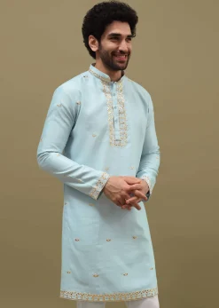 Blue Kurta Set With Abla Work For Men