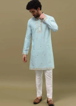 Blue Kurta Set With Abla Work For Men