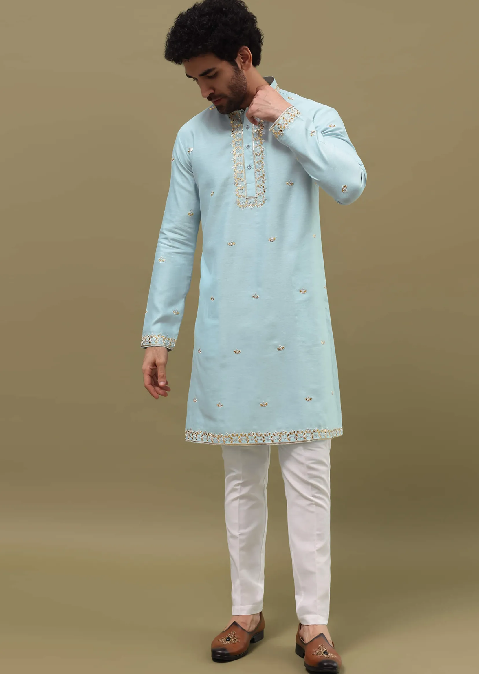 Blue Kurta Set With Abla Work For Men