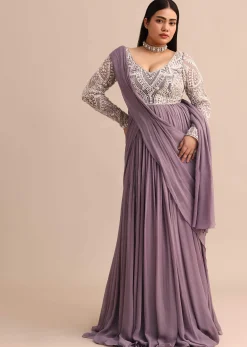 Blue Lilac Pre Drape Suit With Pearl Work