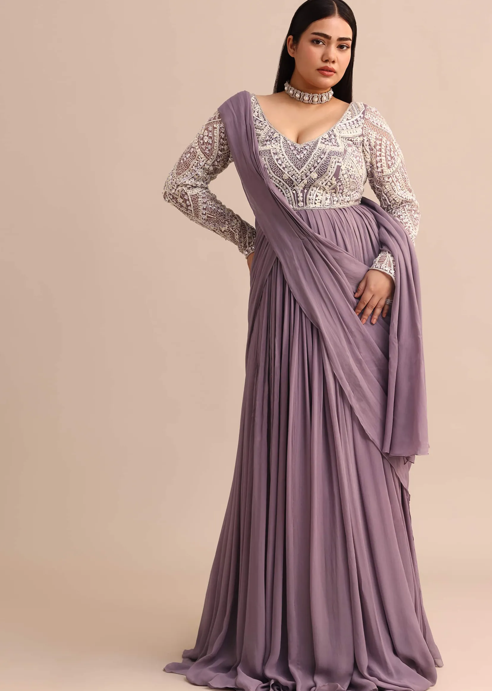 Blue Lilac Pre Drape Suit With Pearl Work