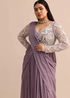 Blue Lilac Pre Drape Suit With Pearl Work