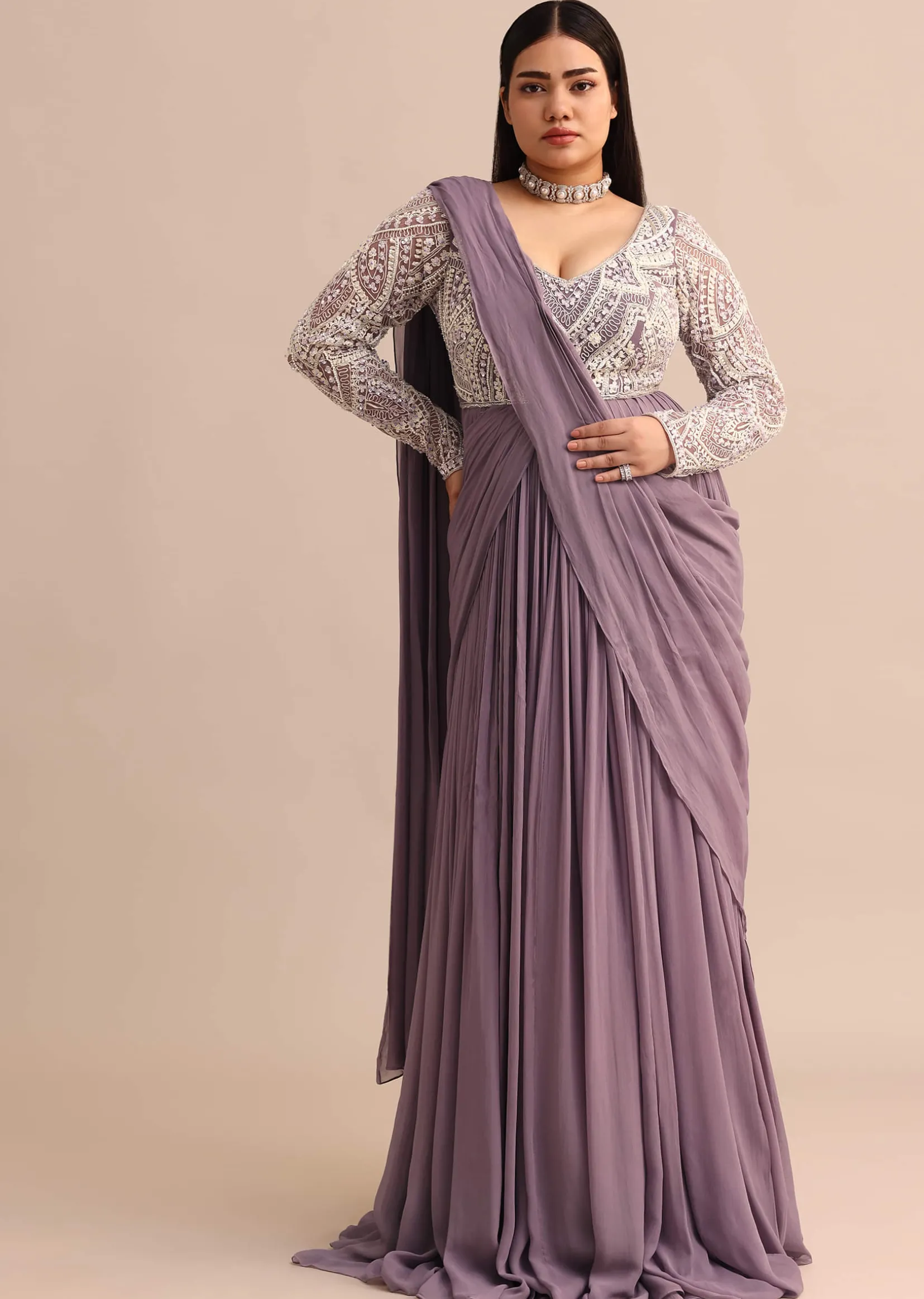 Blue Lilac Pre Drape Suit With Pearl Work