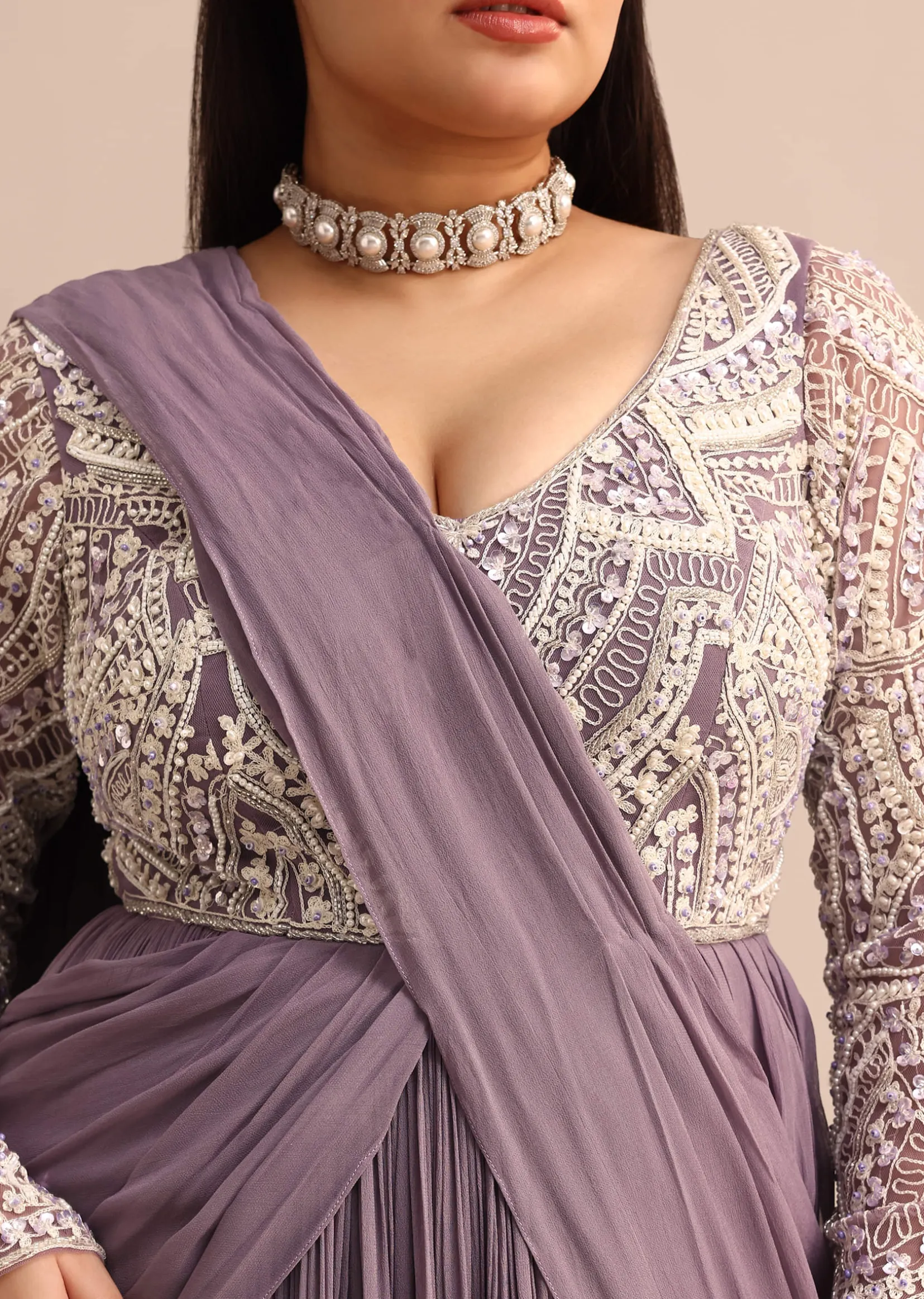 Blue Lilac Pre Drape Suit With Pearl Work