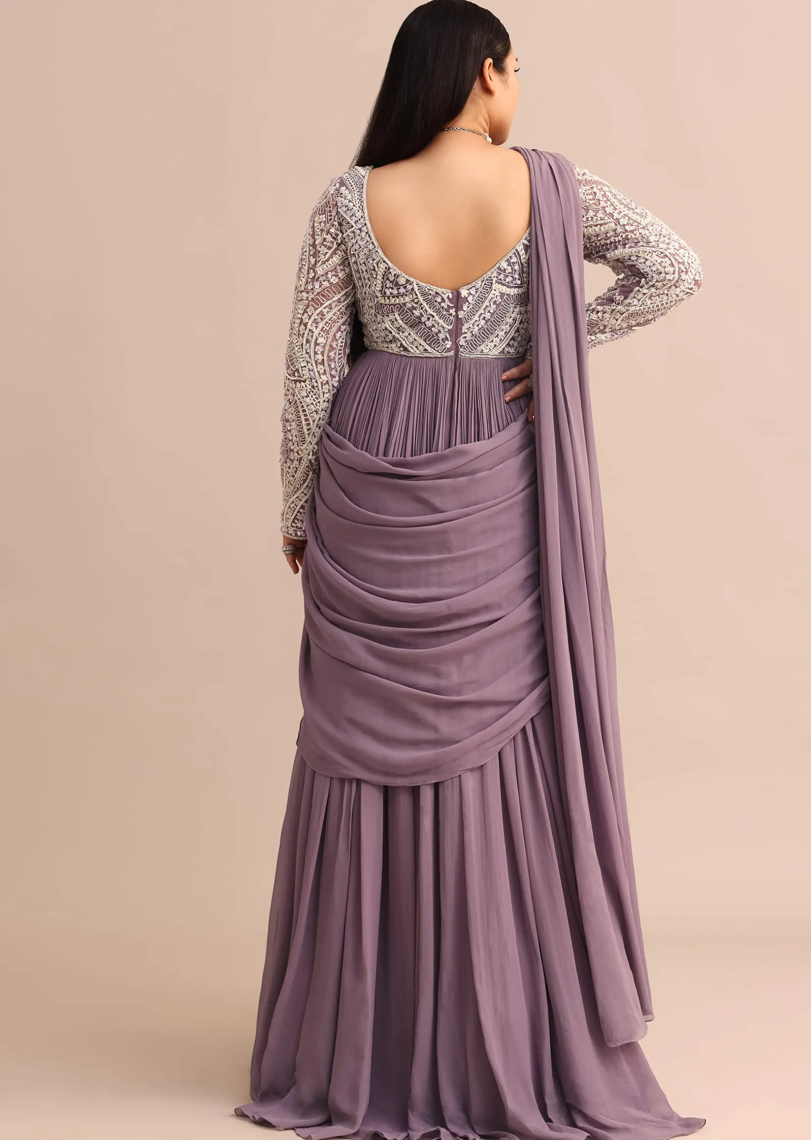 Blue Lilac Pre Drape Suit With Pearl Work