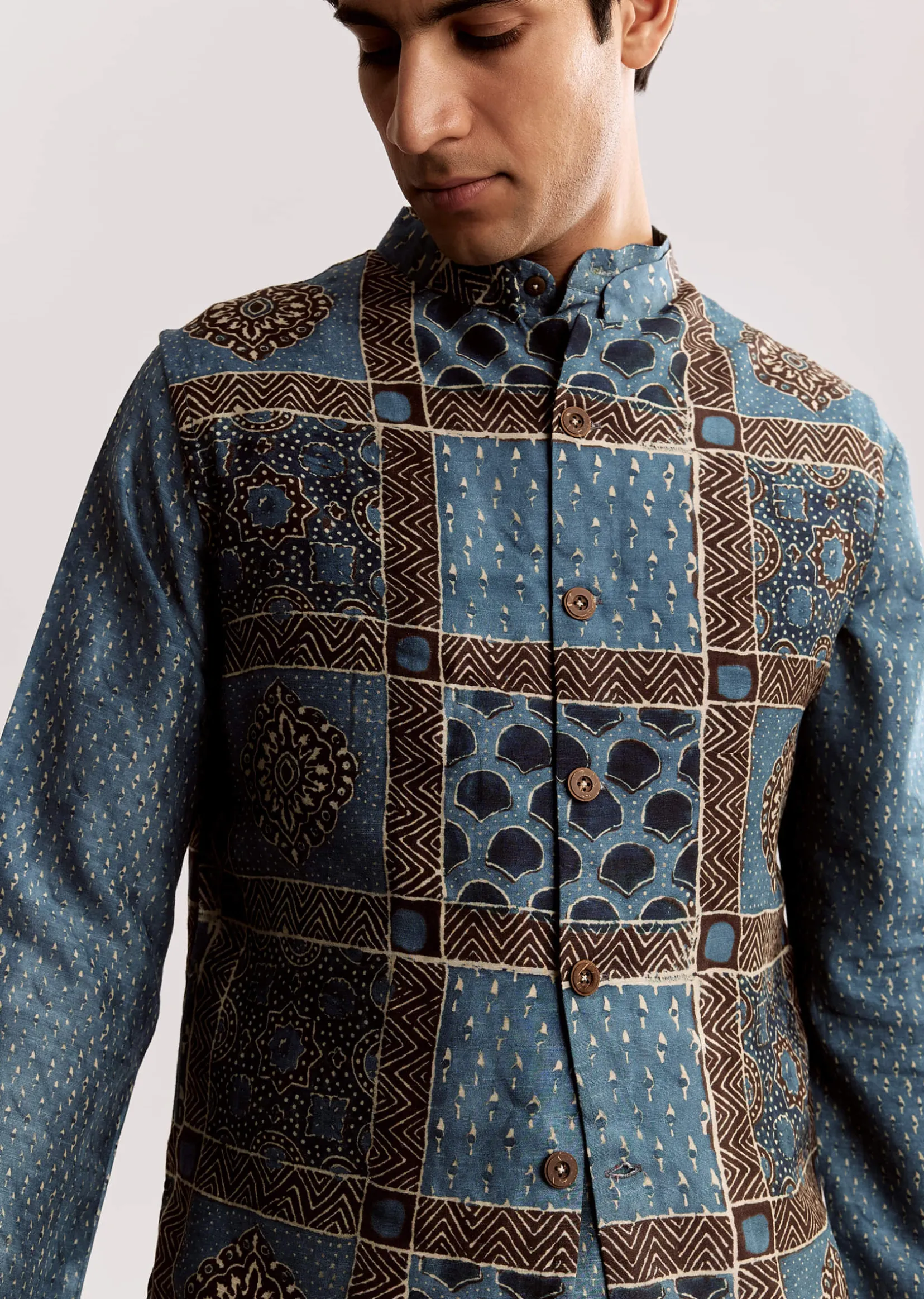 Blue Linen Kurta Jacket Set With Ajrakh Print