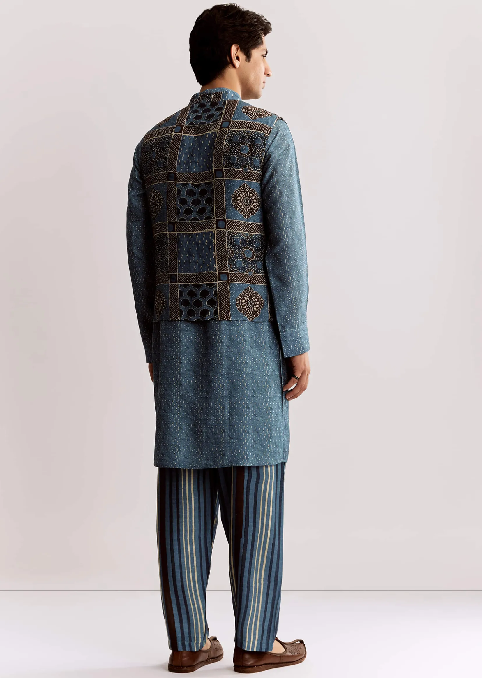 Blue Linen Kurta Jacket Set With Ajrakh Print