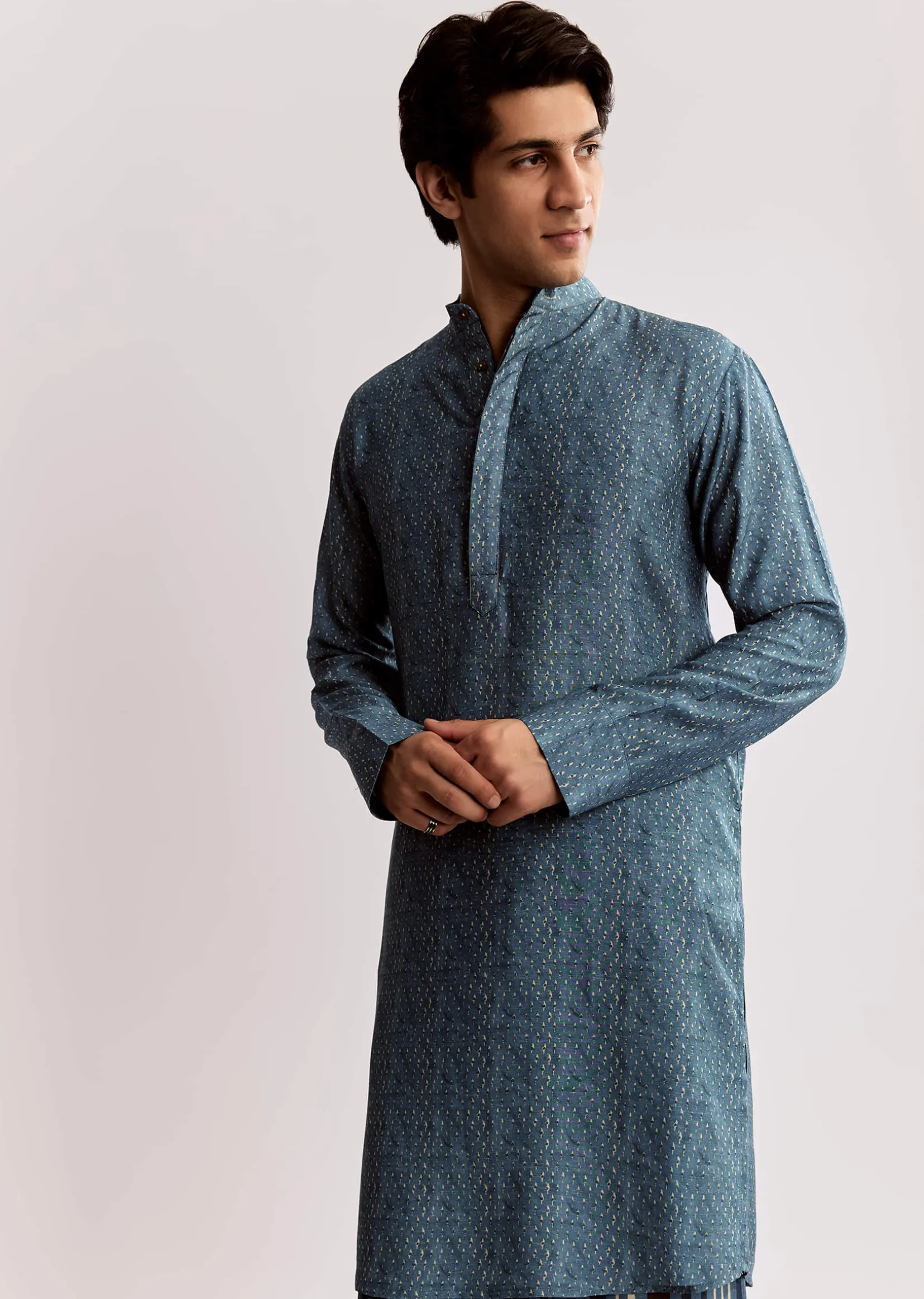 Blue Linen Kurta Jacket Set With Ajrakh Print