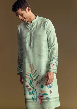 Blue Linen Kurta Set With All Over Floral Print And Mandarin Collar