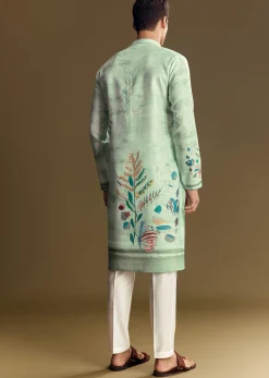 Blue Linen Kurta Set With All Over Floral Print And Mandarin Collar