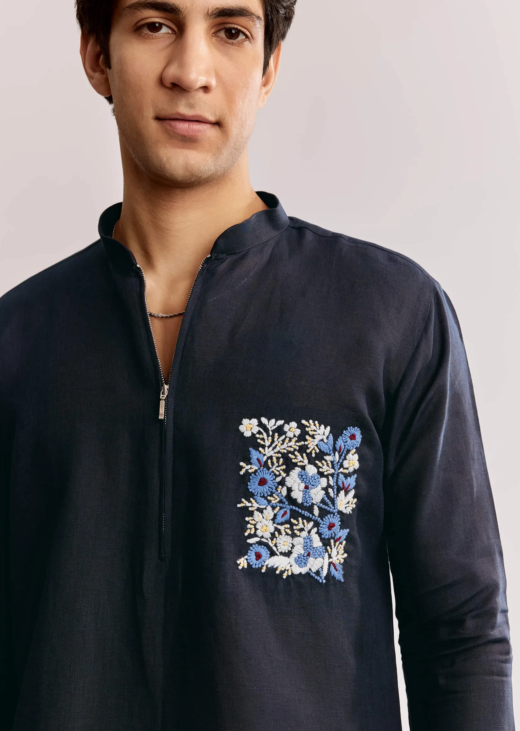 Blue Linen Kurta Set With Embroidery