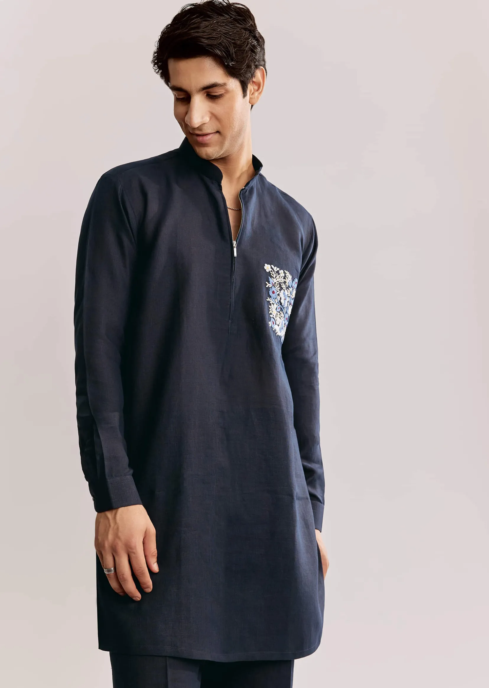 Blue Linen Kurta Set With Embroidery
