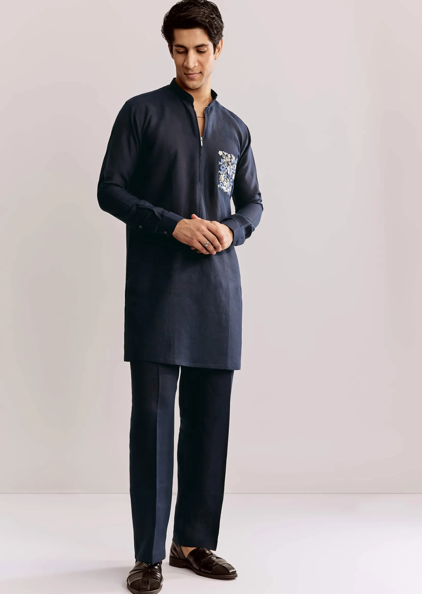 Blue Linen Kurta Set With Embroidery