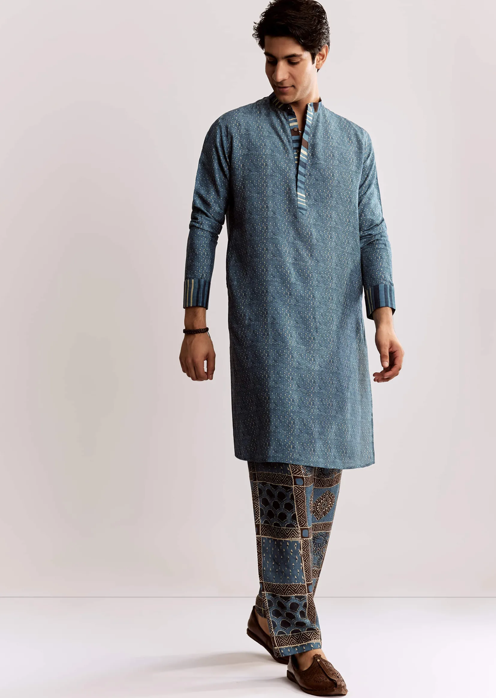 Blue Linen Kurta Set With Ajrakh Print