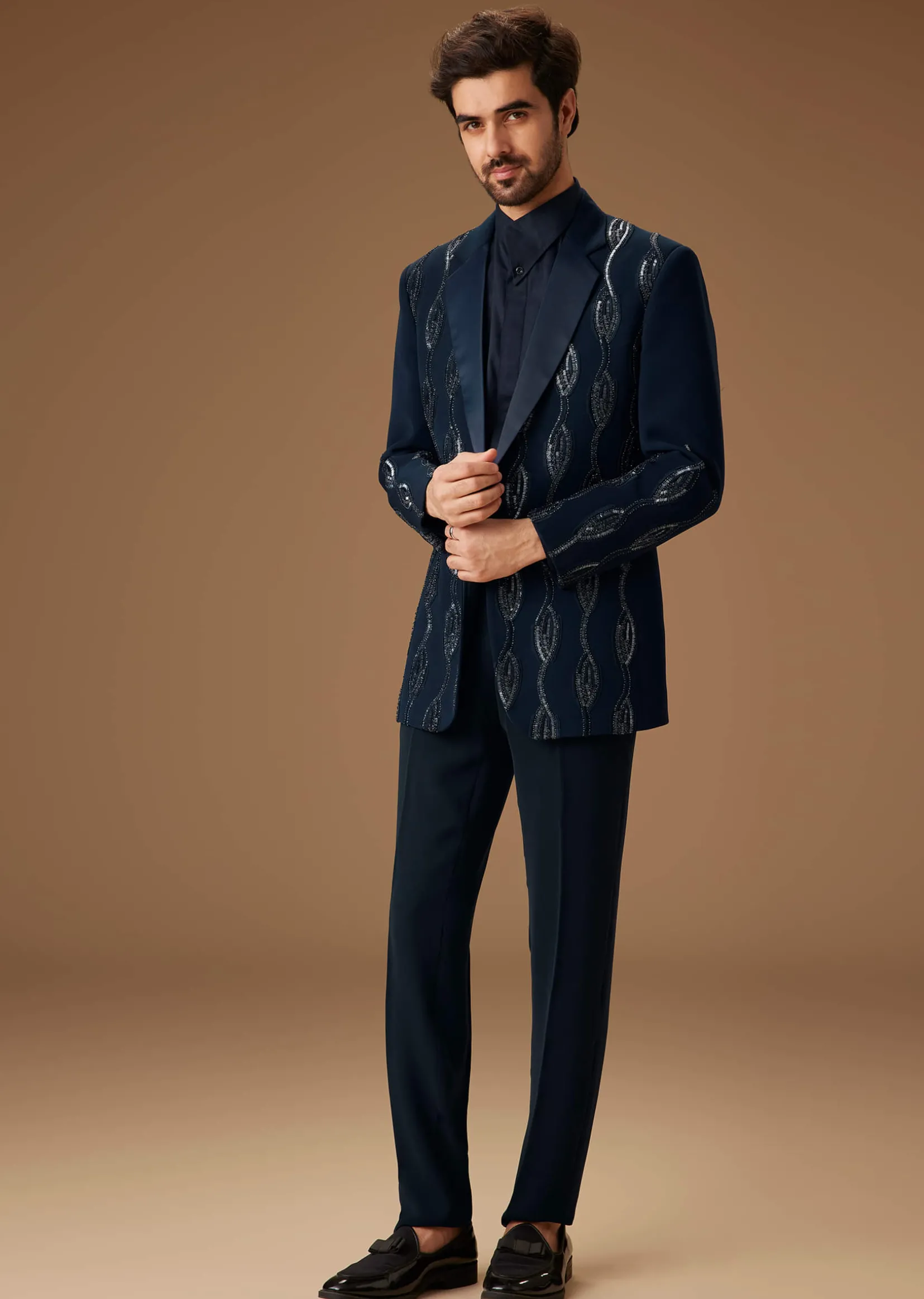 Blue Linen Tuxedo With Hand Embroidery