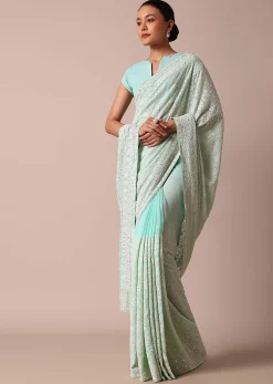Blue Lucknowi Chikankari Saree With Sequin Work And Unstitched Blouse Piece