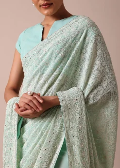 Blue Lucknowi Chikankari Saree With Sequin Work And Unstitched Blouse Piece