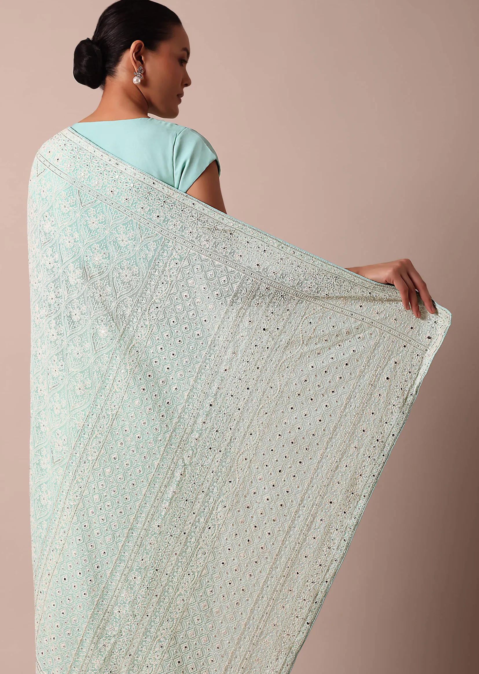 Blue Lucknowi Chikankari Saree With Sequin Work And Unstitched Blouse Piece