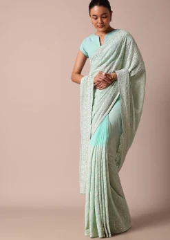 Blue Lucknowi Chikankari Saree With Sequin Work And Unstitched Blouse Piece