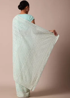 Blue Lucknowi Chikankari Saree With Sequin Work And Unstitched Blouse Piece