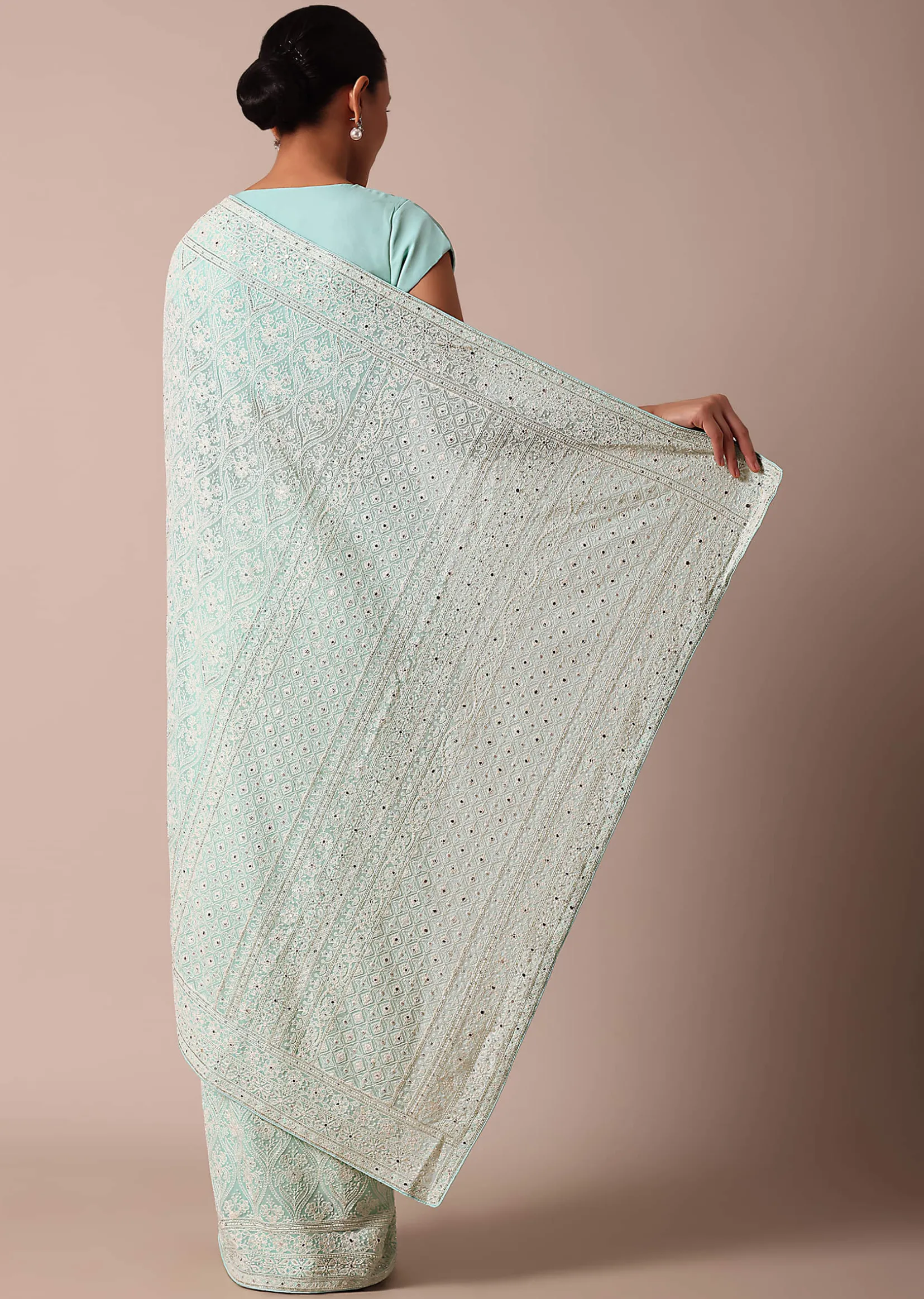 Blue Lucknowi Chikankari Saree With Sequin Work And Unstitched Blouse Piece