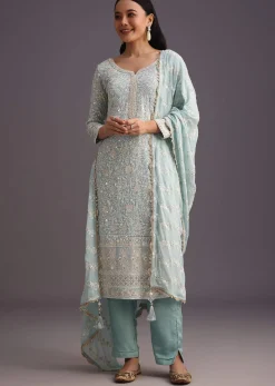 Blue Lucknowi Kurta Set With Resham Work Dupatta