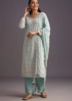 Blue Lucknowi Kurta Set With Resham Work Dupatta