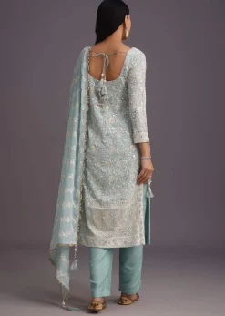 Blue Lucknowi Kurta Set With Resham Work Dupatta