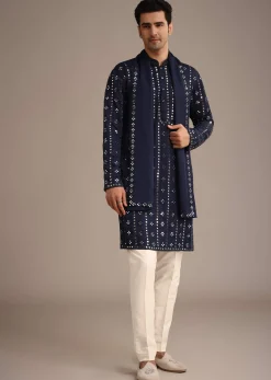 Blue Mirror Embellished Kurta Set With Dupatta