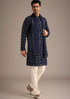 Blue Mirror Embellished Kurta Set With Dupatta